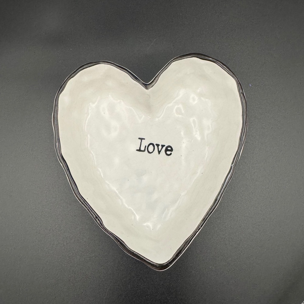 White Ceramic Heart Trinket Dish Love Stamped Jewelry Ring Bowl Farmhouse Decor